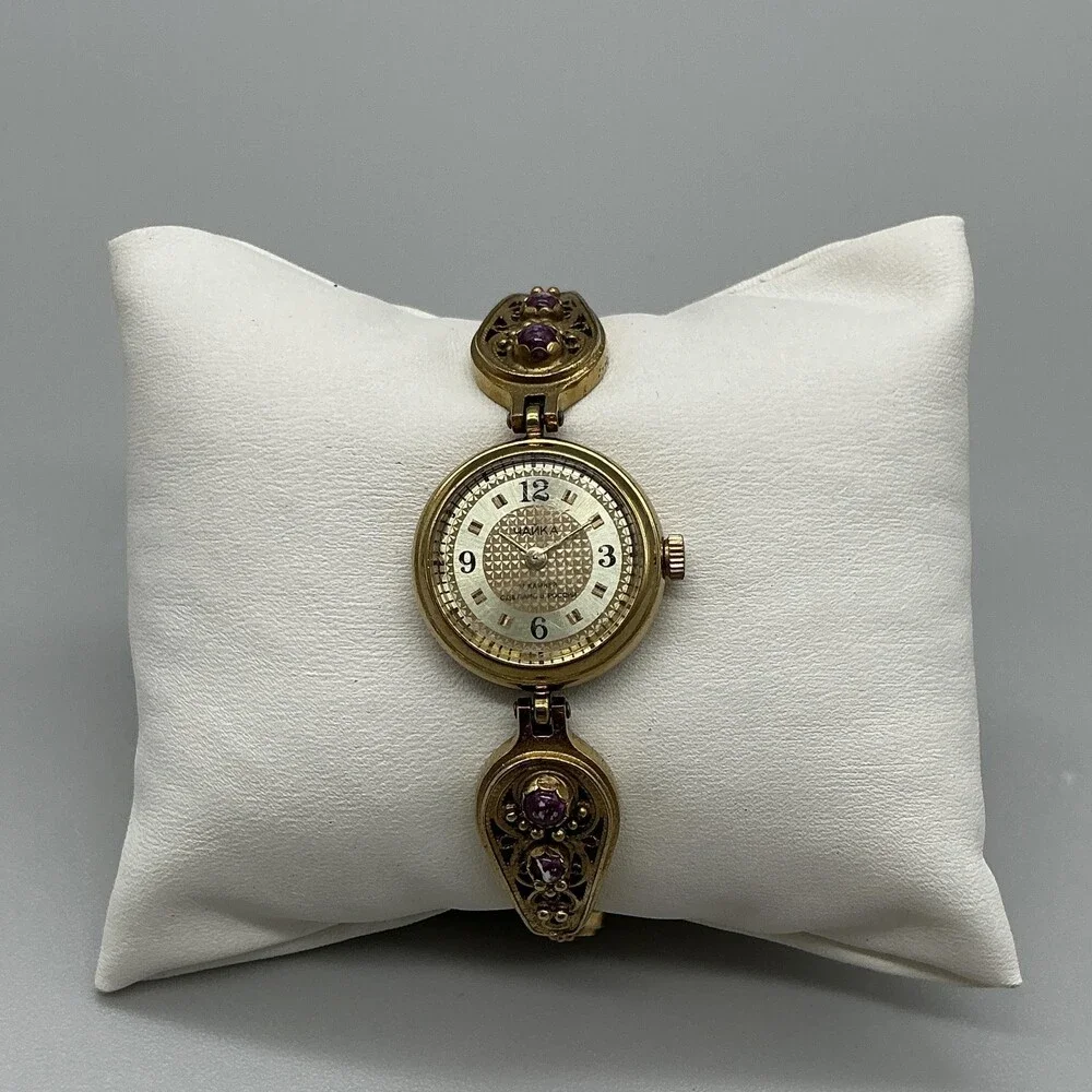 Vintage Chaika Yanka Womens Watch 22mm Filigree Purple Stone Manual Wind 6.25